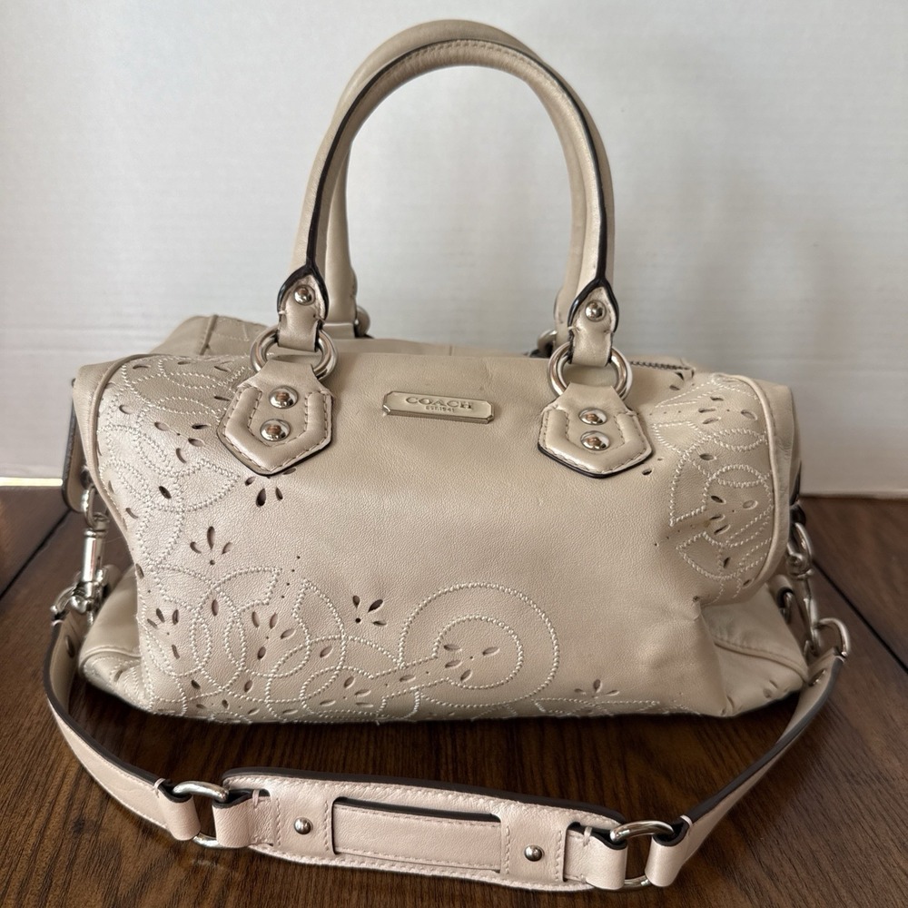 Coach Ashley Leather Tossed Laser Cut Satchel Shoulder Bag Mushroom Color EUC